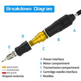 Phoenixy Tattoo Kit, Rotary Tattoo Pen Kit Switch Power Supply 10 Tattoo Cartridge Needles 7 Colors Ink Tattoo Set (PH-01)