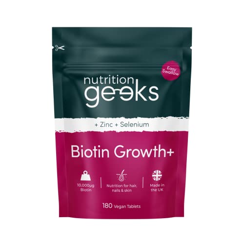Nutrition Geeks Biotin Hair Growth Supplement - 180 Tablets Enhanced with Zinc & Selenium, Hair Vitamins Complex - Biotin 10000 mcg