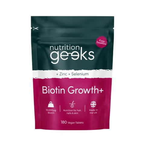 Nutrition Geeks Biotin Hair Growth Supplement - 180 Tablets Enhanced with Zinc & Selenium, Hair Vitamins Complex - Biotin 10000 mcg