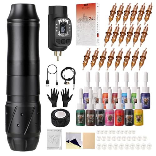 HAWINK Tattoo Kit Wireless Rotary with 1600mAh Battery LCD Digital Lithium 20PCS Cartridge Needles 14 Tattoo Inks