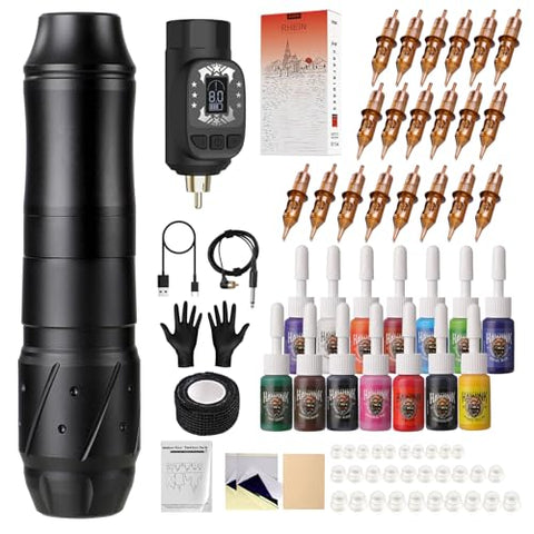 HAWINK Tattoo Kit Wireless Rotary with 1600mAh Battery LCD Digital Lithium 20PCS Cartridge Needles 14 Tattoo Inks
