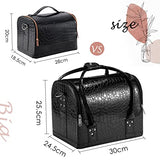 Travel Makeup Box 4 Trays Leather Cosmetic Case Beauty Box Large Size: 30x24.5x25.5cm, Black