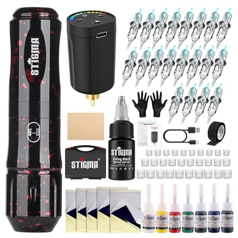 STIGMA Wireless Tattoo Machine Kit Rotary Complete Tattoo Set with 20Pcs Tattoo Cartridges Needles