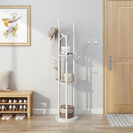 Freestanding, Rotary Wood Coat Rack Stand with 3 Storage Shelves and 9 Hooks