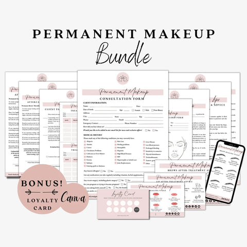 14 Permanent makeup forms, PMU consent form, makeup consultation, PMU aftercare card, lip blush form, microblading, beautician form pack