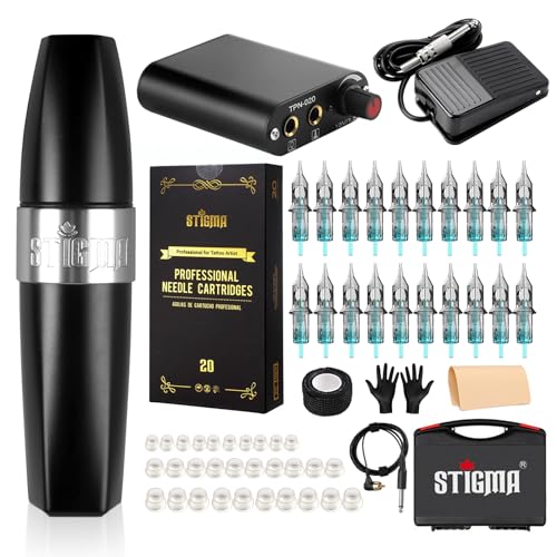 Stigma Tattoo Pen Machine with 20Pcs Cartridges Needles Power Supply with Plastic Box for Beginners