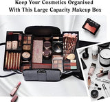 Travel Makeup Box 4 Trays Leather Cosmetic Case Beauty Box Large Size: 30x24.5x25.5cm, Black