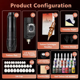 HAWINK Tattoo Kit Wireless Rotary with 1600mAh Battery LCD Digital Lithium 20PCS Cartridge Needles 14 Tattoo Inks