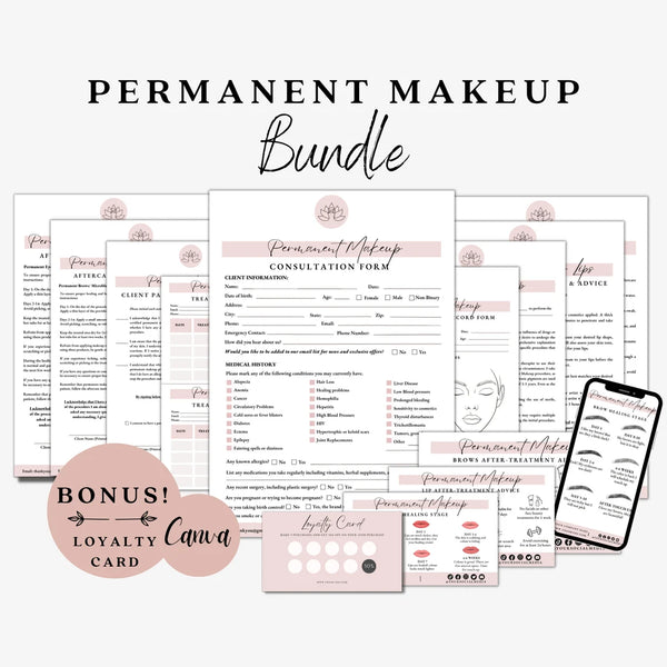14 Permanent makeup forms, PMU consent form, makeup consultation, PMU aftercare card, lip blush form, microblading, beautician form pack